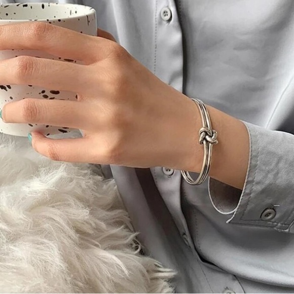 Knot Sterling Silver Bangle Cuff Bracelet, Elegant Matching Ring Set - Picture 14 of 15